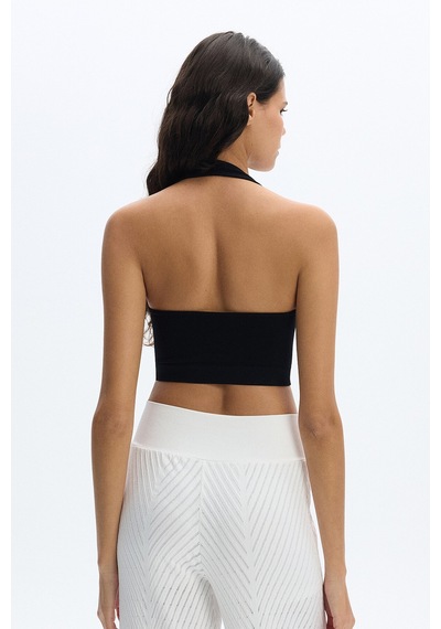 Subtone Boyundan Geçmeli Ribli Crop Top Siyah