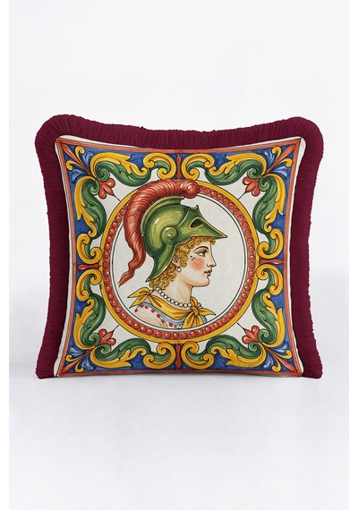 Barok Sanat Motifli Saçaklı Yastık Kılıfı - Rönesans Temalı Eklektik Bordo Püsküllü Kırlent Kılıfı Gece Toz Mavi