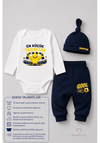 Babyden's %100 Pamuk Sarı Lacivert En Küçük Taraftar 3'lü Yenidoğan Bebek Takımı Uzun Kollu Body Pantolon Şapka Set
