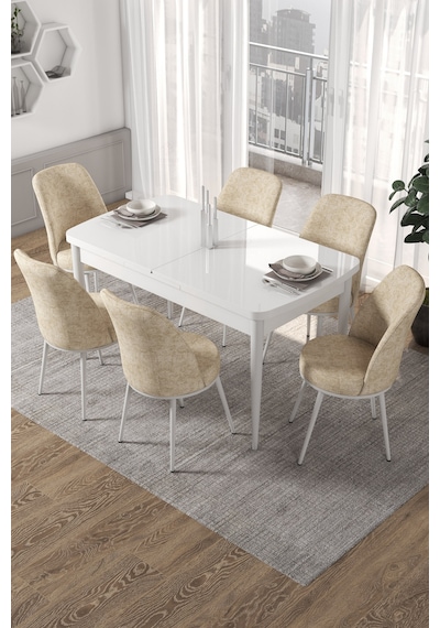 Canisa Concept Kor Serisi 70x114 Açılabilir Beyaz Mutfak Masası Takımı 6 Adet Krem Sandalye Masalar Beyaz Sandalyeler Krem