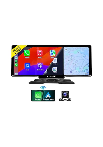 Dark 10.26" Ips Full Android, Google Play Store, Kablosuz Carplay &amp Android Auto, Gps, Arka Kameralı Taşınabilir