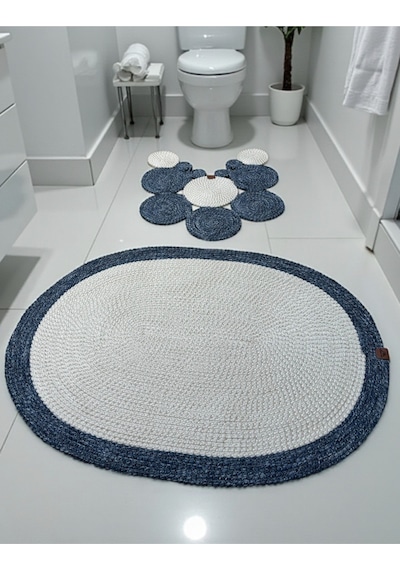 2'li Modern Hasır Görünümlü Banyo Paspası - Modern Dokunuş Mavi - Beyaz