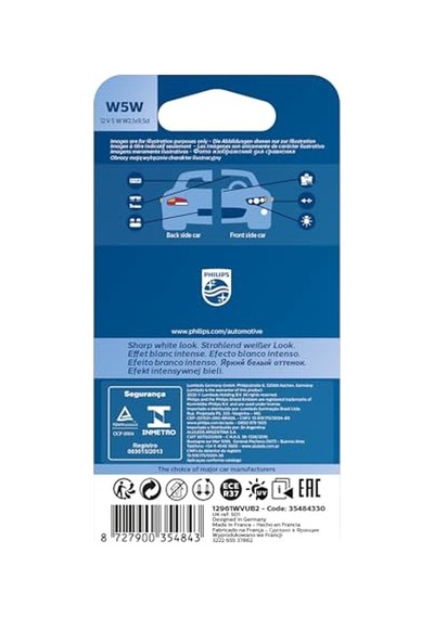 Philips T10 W5w Whitevision Ultra Halojen Sinyal Lambası, Çift Kabarcık, 35484330, Arabalar İçin, Beyaz Gün Işığı