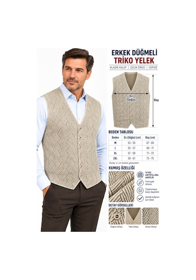 Çizgi Triko Erkek Düğmeli V Yaka Regular Kalıp Triko Yelek Bgl-st05779 Taş