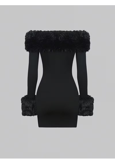 Bhrwear Kadın Modanna Kürk Yakalı Kısa Modal Elbise Renkli
