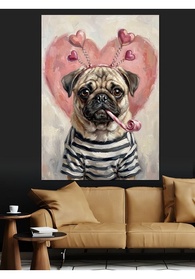 Kalp Gözlüklü Sevimli Pug Köpek Dekoratif Kanvas - Mdf Ahşap Tablo