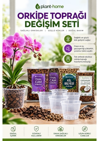 Orkide Toprağı Değişim Seti İthal Çam Kabuğu, Coco Cips, Kil Bilyesi Ve Şeffaf Saksı Seti