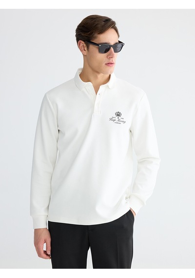 Lcwaıkıkı Classic Beyaz Polo Yaka Baskılı Erkek Sweatshirt