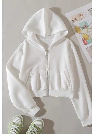 Cool Tarz Kadın Kapüşonlu Şardonlu Beyaz Renk Crop Sweatshirt Beyaz Beyaz