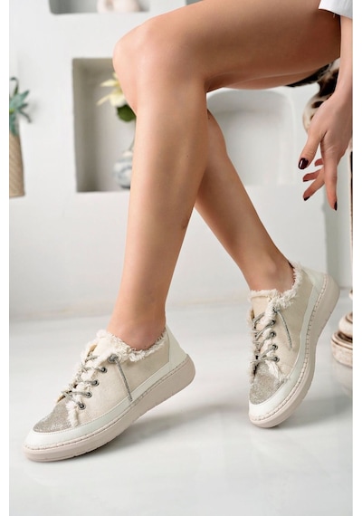 Craft Moda Neva Taşlı Düz Taban Kadın Kot Sneakers Krem