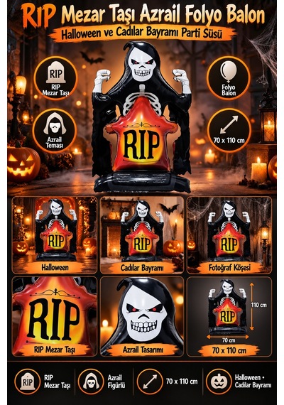 Halloween Rıp Mezar Taşı Azrail Folyo Balon 70x110 Cm Cadılar Bayramı Parti Ev Dekorasyon Süsü Diğer