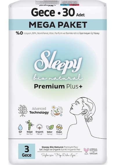 Sleepy Bio Natural Premium Plus Hijyenik Ped Mega Paket Gece 30x3 90 Adet