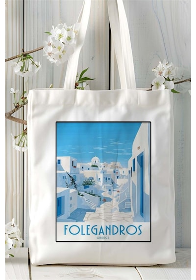 Art Hediye Folegandros Baskılı Bez Çanta Omuz Çantası Kişiye Özel Desen Çok Renkli