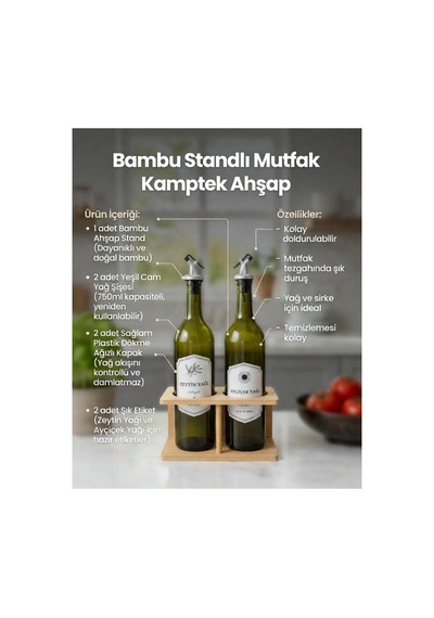 Bambu Standlı Mutfak Yağdanlık Seti - Zeytinyağı & Ayçiçek Yağı Cam Şişeli Mutfak Seti