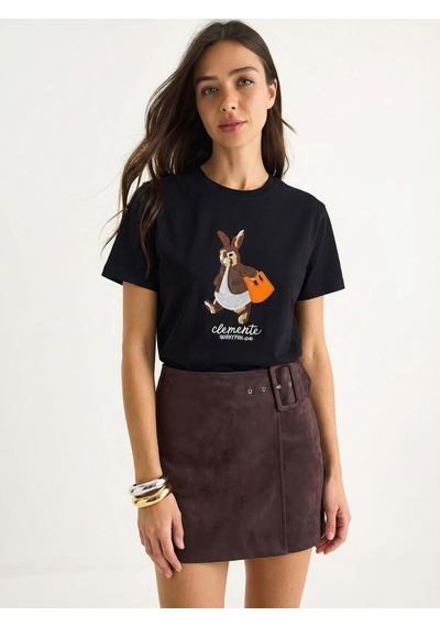 Shade Kadın Rabbit Nakışlı İşlemeli Bisiklet Yaka Basic T-shirt 7532 60283953 - Siyah