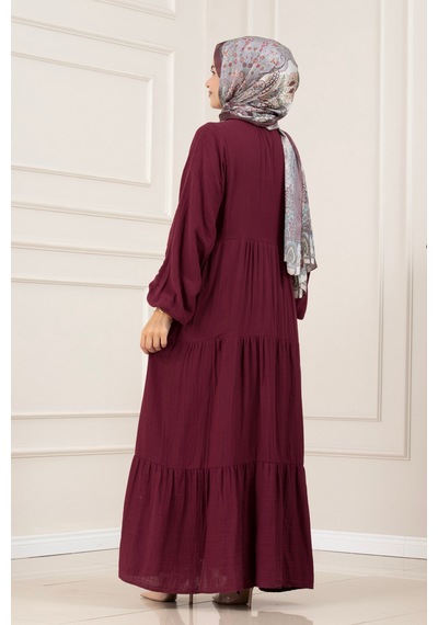 Sevitli Müslin Kumaş Robalı İvana Elbise-bordo-5808