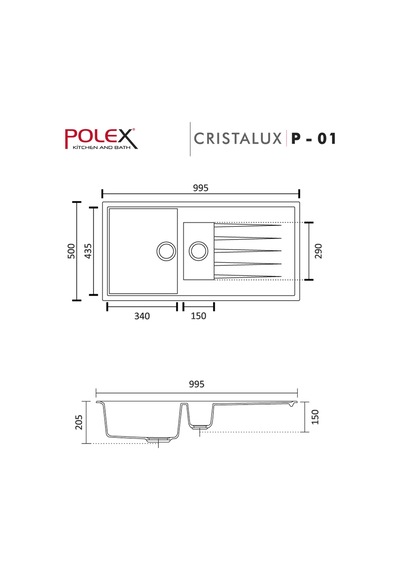 Polex Cristalüx Granit Evye P-01 Gri 1.5 Gözlü Tezgah Altı Ve Tezgah Üstü Mutfak Evyesi 99x49.5 CM