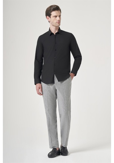İmza Siyah Sert Yaka Uzun Kol Cepsiz Slim Fit Pamuklu Gömlek 1004260181