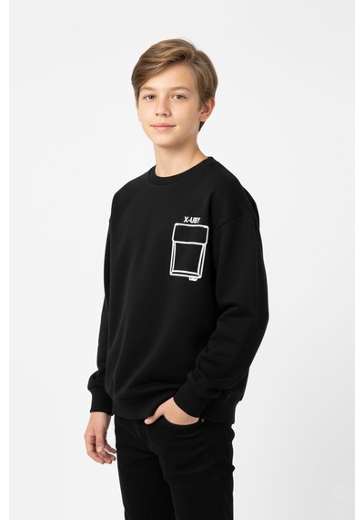 Baskı Detaylı Bisiklet Yaka Erkek Çocuk Sweatshirt-90913 Siyah