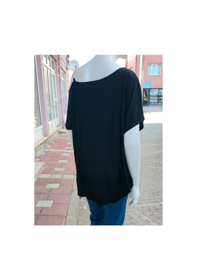 Çınar Boutique Omzu Açık Pamuklu Tişört Siyah Siyah