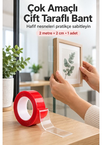 Çok Amaçlı Çift Taraflı Şeffaf Bant 2 Metre X 2 Cm Yıkanabilir