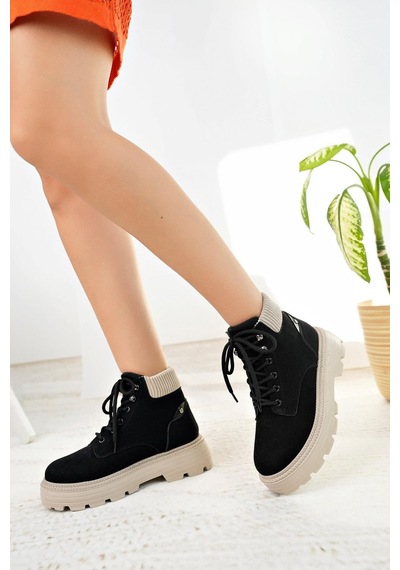 Nesil Shoes Mugo 504 Siyah Süet Bağcıklı Kadın Bot-siyah Süet Siyah