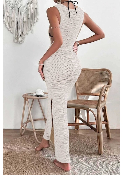 Merry See Angelsin Şık Örme Yırtmaçlı Pareo Plaj Elbisesi Kimono Krem