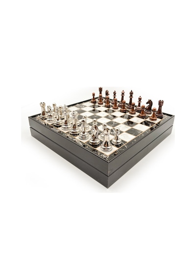 Ahşap - 128 - Satranç Takımı Siyah Gümüş Metal Taşlı Merkp36s - 30cm, Bakır-gümüş - Muratech - - Merkp36s30bg