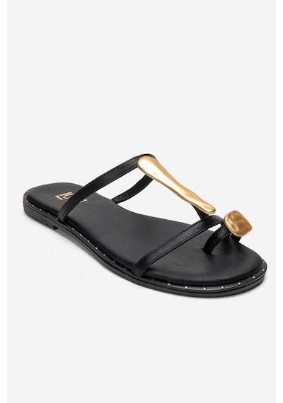 Luvishoes Tessa Siyah Hakiki Deri Gold Tokalı Kadın Parmak Arası Terlik