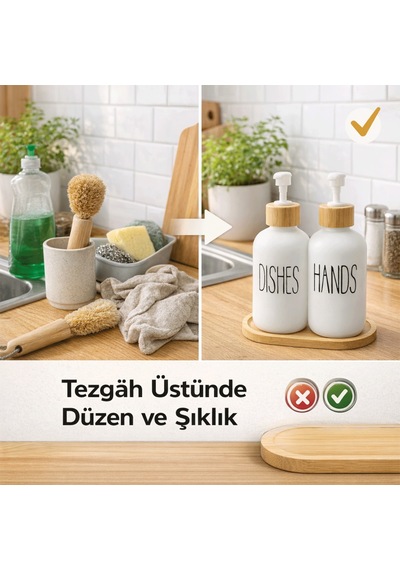 Bambu Stantlı Hands & Dishes 550 Ml Sıvı Sabunluk Seti, Mutfak Cam Sabunluk Beyaz