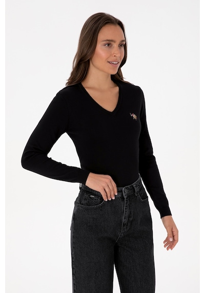 U.S. Polo Assn. Kadın Siyah V Yaka Basic Kazak 50307727-VR046
