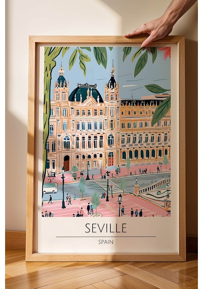 İspanya Seville Temalı Çerçeveli Tablo Travel Serisi Modern İllüstrasyon Şehir Duvar Dekoru Kayın