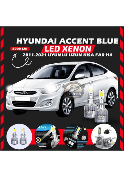 Hyundai Accent Blue 2011-2021 Uzun-kısa Far Uyumlu Şimşek Etkilii Led Xenon Performance Series H4