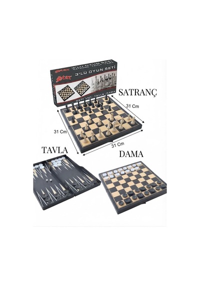 3'lü Oyun Seti 31x31 Cm - Satranç, Tavla Ve Dama Seti Katlanabilir Plastik / Ahşap Görünümlü Zeka Ve Strateji Oyunu