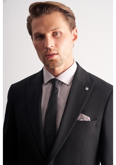 İmza Siyah Kırlangıç Yaka Çizgili 6 Drop Slim Fit Tam Astar Esnek Takım Elbise 1001255164