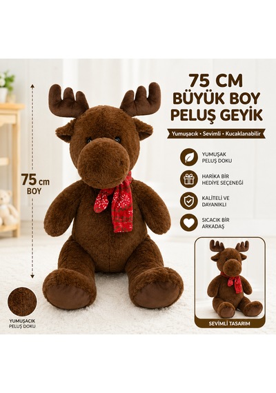 75 Cm Büyük Boy Pelüş Geyik Yumuşak Ve Sevimli Peluş Oyuncak Kahverengi