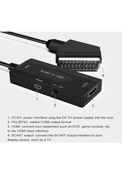 Scart To Hdmı Output Dönüştürücü Adaptör, Scart Görüntü Ve Sesi Hdmı Ya Çevirme, 720p 1080p Destekli, Pal Ntsc Uyumlu, Eski Tip Tv Dvd Vhs İçin Zr1126