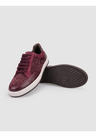 %100 Hakiki Deri Bordo Bağcıklı Kadın Sneaker Bordo