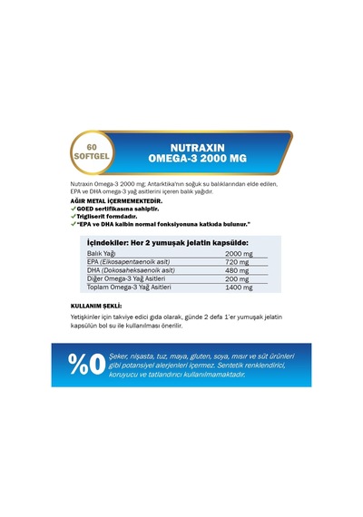 Omega-3 2000 Mg 60 Softjel - Balık Yağı, Epa 720, Dha 480 Mg Takviye Edici Gıda