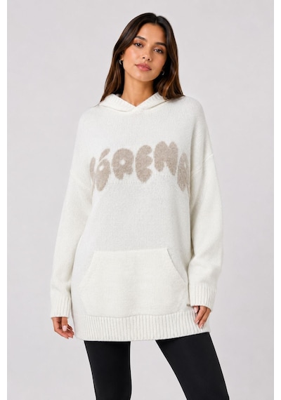 Neden Tekstil Kadın Kapüşonlu Relaxed Beyaz Triko Sweatshirt