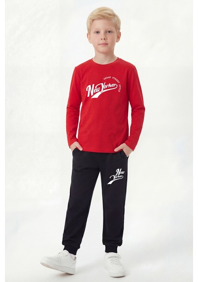Panios Kids Yuvarlak Yaka Sweatshirt Paça Lastikli Eşofman Alt Baskılı Uzun Kollu Erkek Çocuk Alt Üst Takım Kırmızı