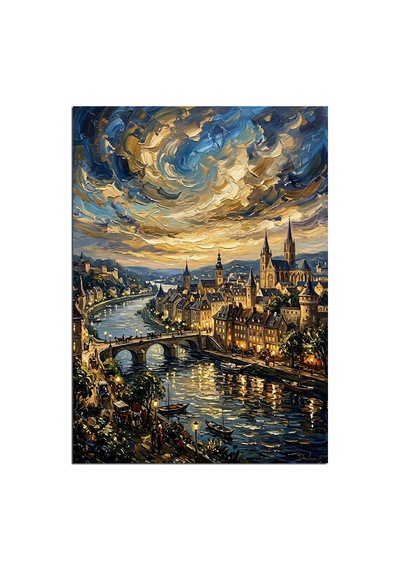 Van Gogh Tarzı Nehir Ve Şehir Ve Yıldızlı Gece Dekoratif Kanvas - Mdf Ahşap Tablo Çok Renkli