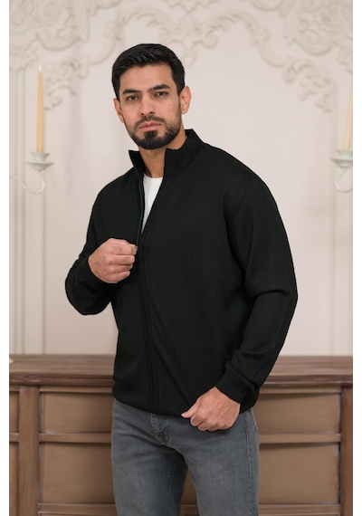 Woolen World Regular Fit Dik Yaka İnce Baharlık Triko Hırka Siyah