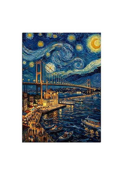 Van Gogh Tarzı Köprü Ve Galata Ve Yıldızlı Gece Dekoratif Kanvas - Mdf Ahşap Tablo Çok Renkli