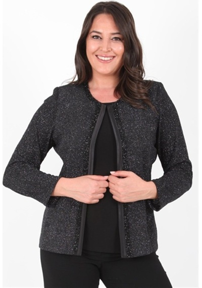 Ladies First Büyük Beden 3115 Siyah Gümüş Ceket+Atlet Abiye Ikili Takım