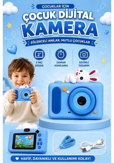 Mini Çocuk Kamerası 2 İnç Ekranlı Fotoğraf Video Çekimli Şarjlı Silikon Korumalı Dijital Kamera