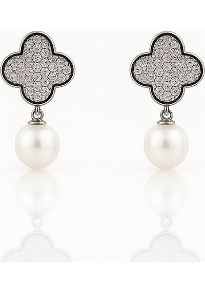White Gold Plated Pearl Clover Drop Küpe Silver