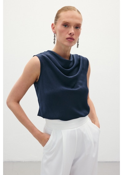 Sateen Degaje Yaka Saten Bluz - Lacivert-136071 Lacivert