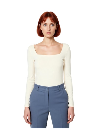 Ersefa Moda Kare Yaka Örme Slim Düz Desen Casual Günlük Regular Uzun Kol Taş
