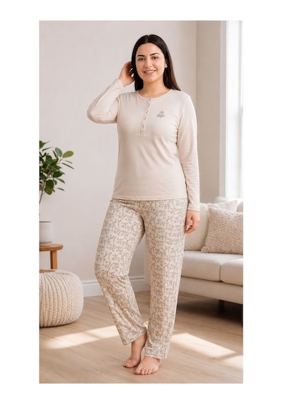 Flz Kadın Kışlık Viskon Pijama Takımı M L Xl Xxl Uzun Kollu Boydan Düğmeli Şık Ev Giyimı B89-100 SOMON